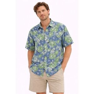 Caribbean Blues Button Down Mens XL Green Blue Hibiscus Floral Rayon Aloha Shirt